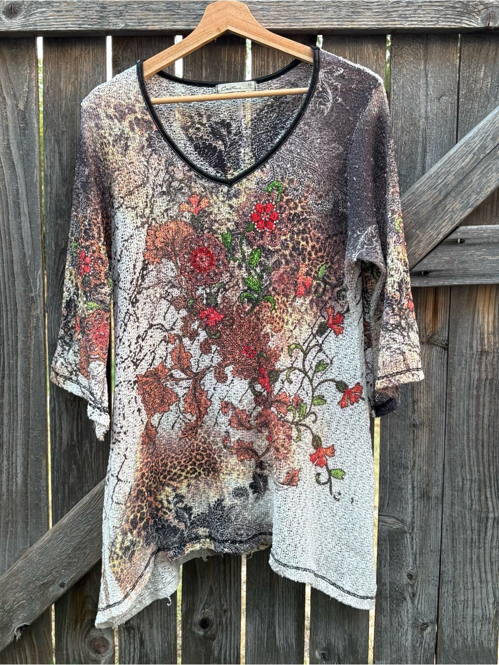 Cactus V-Neck Floral & Animal Print Tunic in Brown, Red, Green